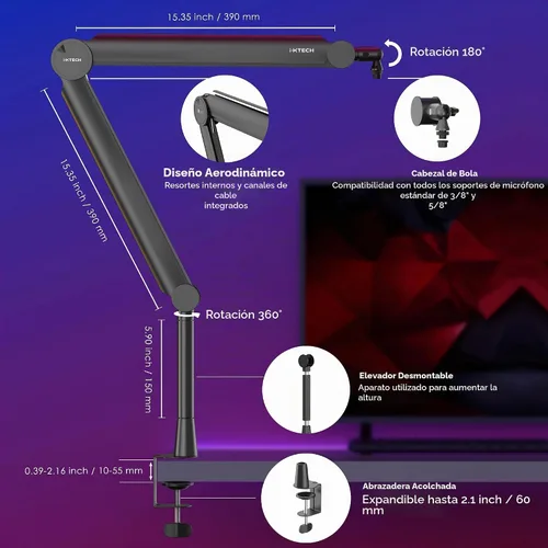 Vista 5 de Brazo de micrófono premium con soporte de escritorio, giratorio de 360°, totalmente ajustable, para podcast, video, juegos, radio, estudio