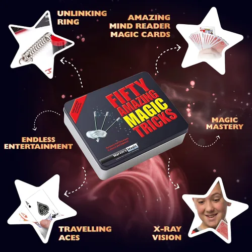 Vista 3 de Marvin's Magic - 50 increíbles trucos de magia - Trucos de magia para niños, viene en estuche de regalo de lata - Incluye trucos clásicos de cartas
