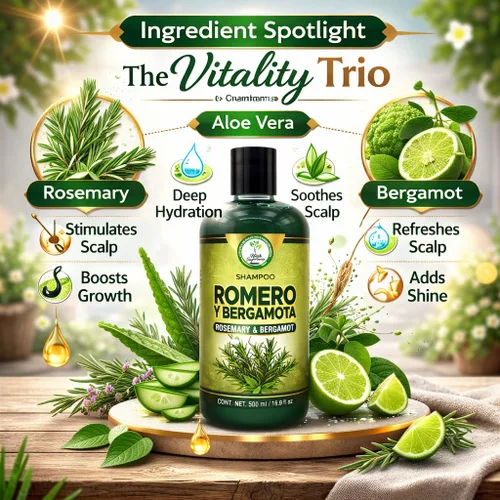 Vista 3 de Romero, Sábila & Bergamota Shampoo (romero, aloe vera y bergamota) – 16.9 fl oz – Cuidado nutritivo del cabello – Brillo natural y fuerza – Cabello