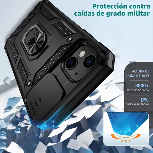 Vista 5 de Funda para iPhone 14 con cubierta para lente de cámara, protector de pantalla HD, protección contra caídas de grado militar de 10 pies, soporte