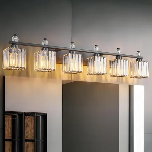 Vista 27 de Luces de Tocador de Baño de 3 Luces, Placado Negro, Modernas Luces de Tocador de Cristal para Baño, Luces de Tocador de Cristal para Usar Sobre