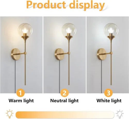 Vista 8 de KCO Lighting Mid-Century - Juego de 2 apliques de pared con cable de cristal dorado, lámparas de pared modernas industriales de brazo largo