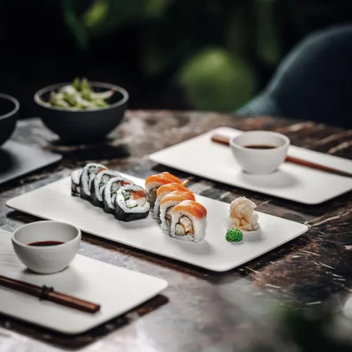 Vista 5 de Villeroy & Boch Manufacture Rock Blanc - Plato rectangular para carne, pescado y verduras, porcelana premium