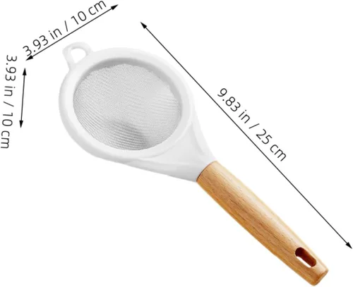 Vista 4 de Tamiz de harina de malla fina con mango de madera, pequeño tamiz de acero inoxidable para hornear azúcar en polvo, sal de cacao, filtro de cocina