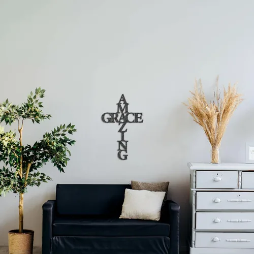 Vista 2 de Amazing Grace Cross - Arte de pared de metal - 10" X 15" - Negro