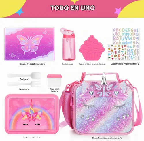 Vista 2 de JYPS - Caja de almuerzo estilo bento con diseño de unicornio para niños con bolsa de almuerzo aislada, juego de lonchera con botella de agua