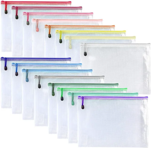 Vista 8 de Bolsas de malla de plástico con cremallera para carpetas de documentos, bolsas de archivos con cremallera para almacenamiento de suministros de Negro