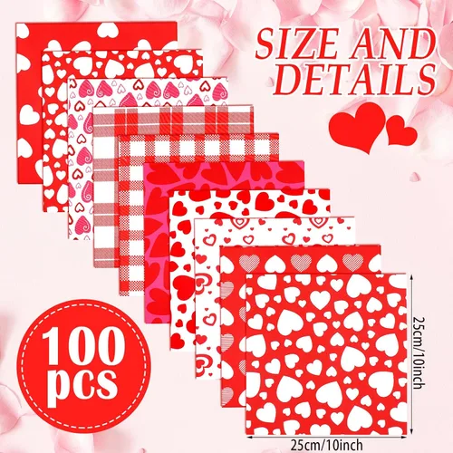 Vista 2 de Ganeen Paquete de 100 piezas de tela para el día de San Valentín de 10 x 10 pulgadas, paquete de tela con estampado de corazón rosa, rojo, rosa