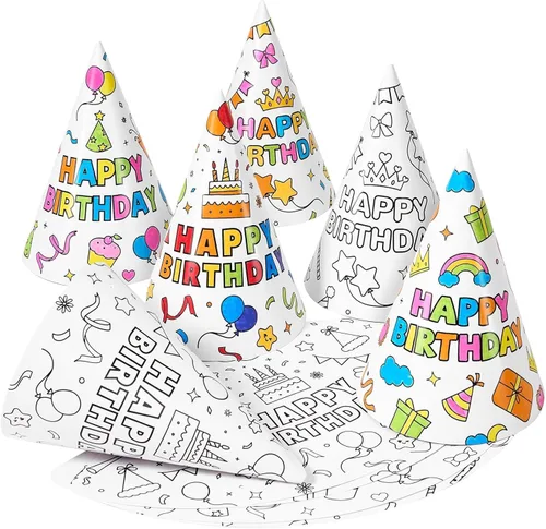 Vista 25 de WERNNSAI 12 Pcs Birthday Party Hats Assorted Themes Cone Paper Headbands Multiple Styles, Easy to Assemble with Elastic Strings, Kids Birthday