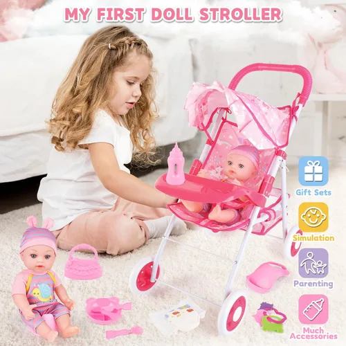 Vista 2 de deAO Juego de cochecito de muñeca de bebé de 12 pulgadas con cochecito de muñeca plegable, 15 piezas, accesorios para muñecas de bebé para niños