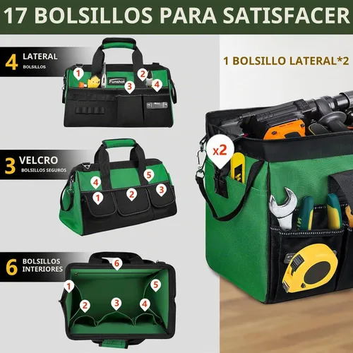 Vista 3 de Bolsa de herramientas resistente de 16 pulgadas, organizador de herramientas compacto con 17 bolsillos, bolsa de herramientas de boca ancha