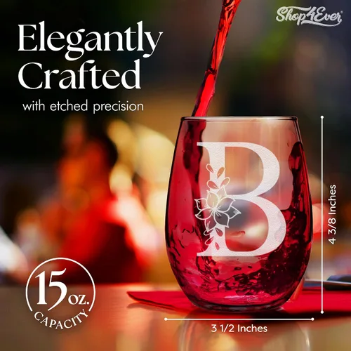 Vista 3 de Copa de vino sin tallo, con monograma floral, grabada con láser, 15 onzas, regalo inicial personalizado para ella (B)