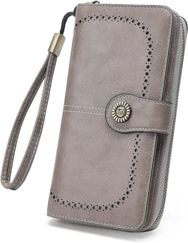 Vista 10 de Billetera de cuero para mujer, de gran capacidad, con cremallera, cartera con cremallera para mujer 1-negro