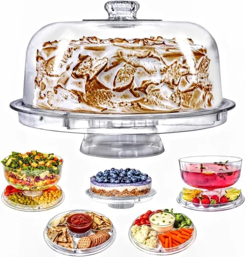 Vista 10 de Soporte de pastel con cubierta de cúpula, uso multipropósito 6 en 1, soporte de pastel con tapa, fuente para servir, tazón para ponche, fuente