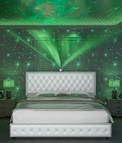 Vista 7 de Base de cama de plataforma tapizada tamaño Queen con cabecera LED, proyector de estrellas integrado y cabecera ajustable, no necesita somier, fácil