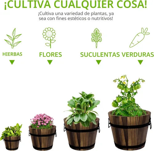 Vista 5 de Adnee Paquete de 4 Macetas de Barril de Whisky de Madera - Juego de Macetas de Jardín de Barril de Cubo de Madera de 4 Tamaños - Macetas Rústicas