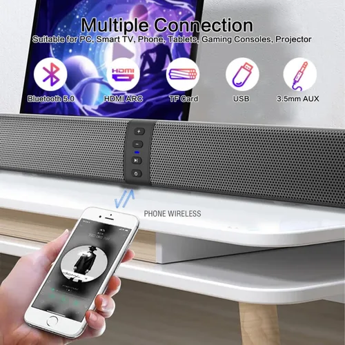 Vista 3 de JFX Barra de sonido para Smart TV, barra de sonido con Bluetooth 5.0, conexión 3/ARC/Opt/AUX, barra de sonido desmontable 2 en 1
