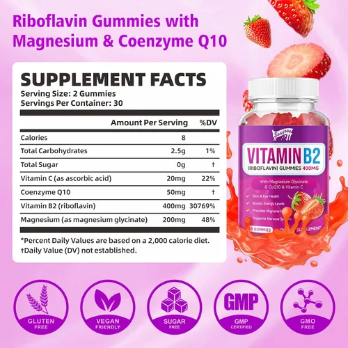 Vista 2 de Gomitas de vitamina B2, riboflavina de 400 mg con magnesio y CoQ10 y vitaminas para niños y adultos, alivio de migraña y alivio del dolor de cabeza