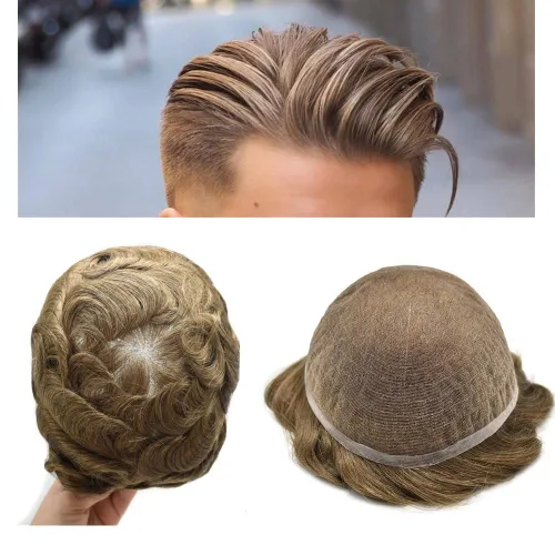 Vista 100 de PUNRU HAIR Completo Swiss Lace Toupee para hombres Sistema de cabello humano real Sistema de reemplazo de cabello humano para hombre Toupee