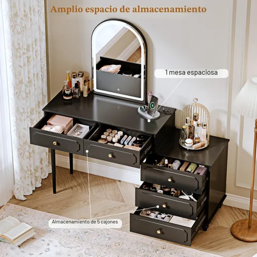 Vista 2 de Ieejdn Negro, Escritorio de tocador con espejo y luces, Tocador de maquillaje con toma de corriente y gabinete ajustable, Mesa de maquillaje moderna