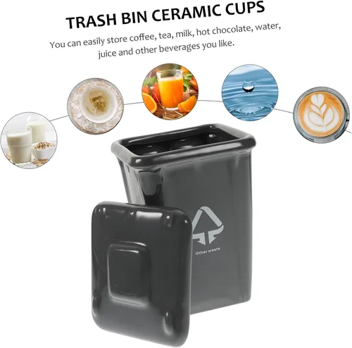 Vista 4 de Divertida taza de basura taza de café de porcelana con cubierta de asa Contenedor de basura novedoso Taza de cerámica Taza de té de porcelana Taza