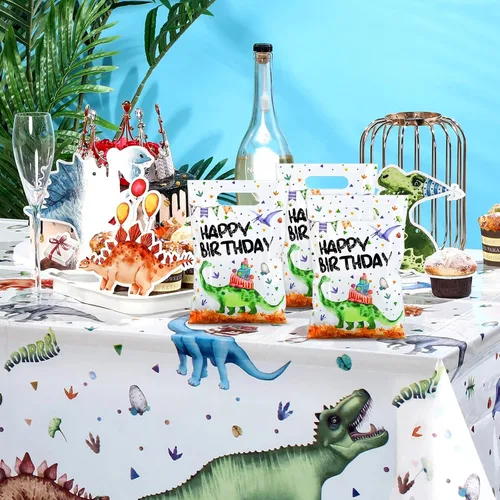 Vista 7 de Colarr 50 bolsas de plástico para recuerdos de fiesta de dinosaurios, bolsas de regalo de dinosaurio, bolsas de cumpleaños de dinosaurios con asa