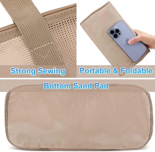 Vista 6 de Eslcorri Bolso de playa de malla Bolsa de playa extra grande con 11 bolsillos plegable bolsa de hombro para mujer