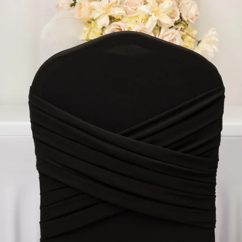Vista 4 de Efavormart - Funda para silla de banquete de elastano con falda plisada con volantes y banda trasera cruzada, funda elástica negra para bodas y Negro