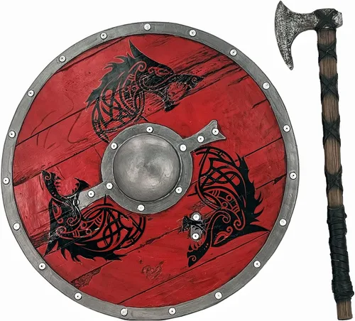 Vista 2 de LOOYAR Escudo de tótem de lobo de la era vikinga de los vikingos y decoraciones de hacha para disfraz de Halloween de caballero berserker vikingo