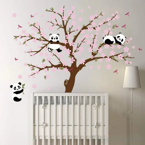 Vista 2 de Runtoo Calcomanía de pared de panda, diseño de flor de cerezo para sala de estar y dormitorio