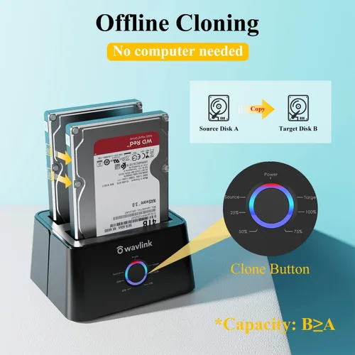 Vista 5 de WAVLINK Estación de acoplamiento de disco duro externo USB 3.0 y USB C a SATA de doble bahía para HDD/SSD de 2.5/3.5 pulgadas con UASP (6Gbps)