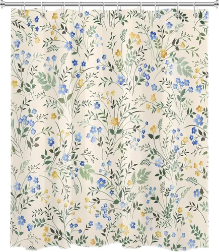 Vista 2 de LB Cortina de Ducha Decorativa de Flores Silvestres del Campo, Flores Azules y Amarillas con Planta de Hojas Verdes sobre Beige, Cortina de Ducha