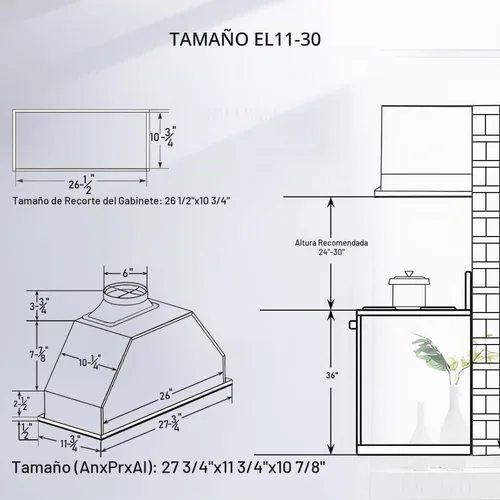 Vista 6 de Campana extractora de 30 pulgadas, 800 CFM, ultra silenciosa, campana de ventilación de 3 velocidades, sin conductos, campana extractora integrada