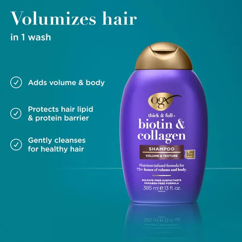 Vista 3 de Champú Organix Thick and Biotin completo y con colágeno, de 13 onzas