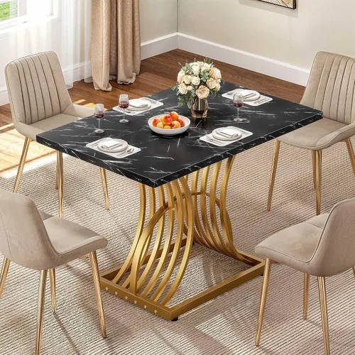 Vista 6 de Mesa de comedor moderna DWVO para 4 personas, mesa rectangular de 47 pulgadas para cocina con superficie de mármol sintético y patas geométricas