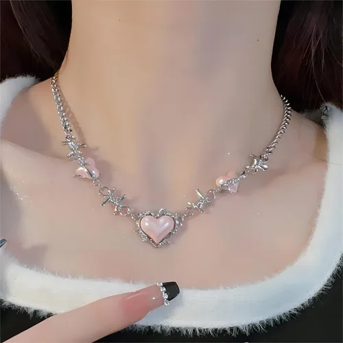 Vista 4 de Stainless Steel Necklace for Women - Barbed Wire Necklacen Thorn Pink Heart Choker Necklace for Teen Girls Preppy Jewelry