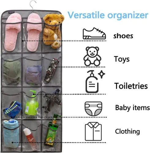 Vista 2 de Organizador de zapatos colgante de doble cara para armario con colgador giratorio, soporte para zapatos colgante con 24 bolsillos grandes
