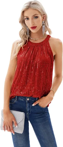 Vista 3 de GRACE KARIN Camisetas halter de lentejuelas para mujer, sin mangas, brillantes, fruncidas, fluidas, brillantes, para club, camisa de fiesta
