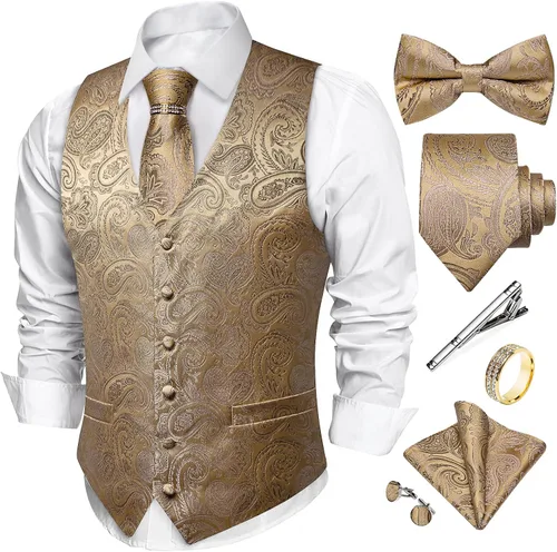 Vista 12 de DiBanGu Conjunto de chaleco de corbata y corbatín para hombre, chaleco de Negro