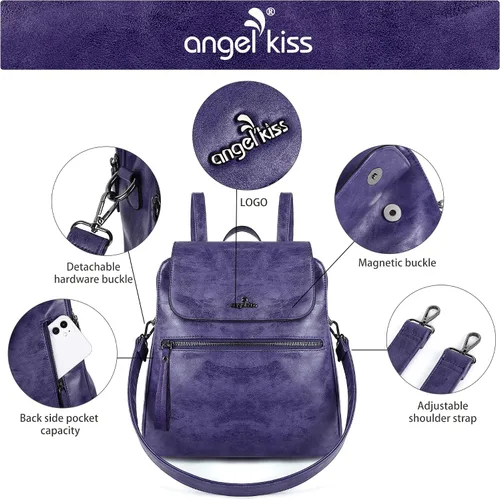 Vista 3 de Angel Kiss Backpack Purse for Women Casual Fashion Vegan Leather Shoulder Bag Ladies Zipper Magnetic Flap Backpack