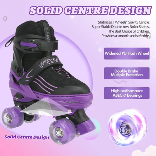 Vista 6 de Patines para niños y niñas, niños principiantes, 4 tamaños ajustables, patines cuádruples para niños y jóvenes, con ruedas iluminadas para deportes