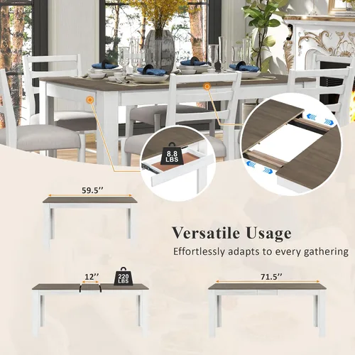 Vista 4 de Juego de mesa de comedor de madera de 7 piezas, mesa extensible multifuncional con hojas de 12 pulgadas y 2 cajones, 6 sillas de comedor con cojín