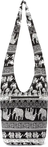 Vista 5 de Bolsa de hombro para mujer, de lona en estilo hippiebohemio para llevar cruzada al hombro, disponible en diferentes colores y estampados