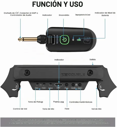 Vista 2 de Pastilla inalámbrica para guitarra acústica magnética recargable y micrófono pastilla de boca de sonido para guitarra acústica con control de Negro