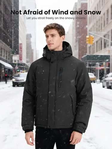 Vista 7 de Abrigos de invierno para hombre, chaqueta parka con capucha abrigada, impermeable, forrada con forro polar para nieve y esquí