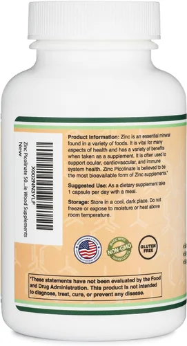 Vista 3 de Picolinato de zinc 50 mg, 300 cápsulas (apoyo inmunológico) sin OMG, sin gluten (suministro para 300 días) por Double Wood Supplements