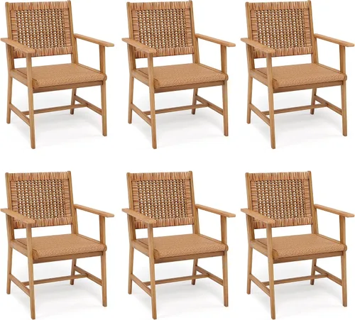 Vista 12 de PHI VILLA Sillas de comedor de madera de acacia para patio con asiento y respaldo de mimbre, 2 piezas
