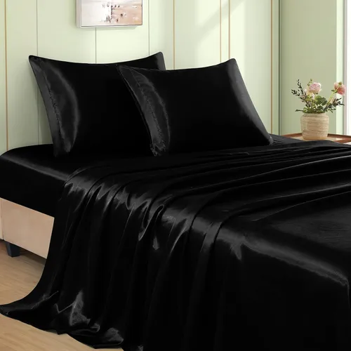 Vista 21 de VACVELT Juego de 3 sábanas de satén color beige tamaño individual, juego de ropa de cama, sábana bajera de satén sedoso con bolsillo profundo de 15