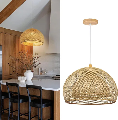 Vista 2 de Arturesthome Lámpara colgante de bambú para isla de cocina, lámpara de araña de mimbre de 17.6 pulgadas, pantalla de techo colgante tejida a mano