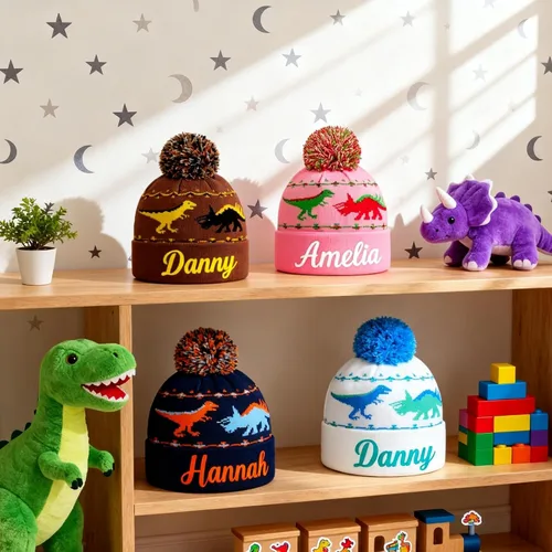 Vista 4 de Gorros personalizados de dinosaurio para bebé, sombrero personalizado para niños, sombrero bordado con nombre para niño y niña